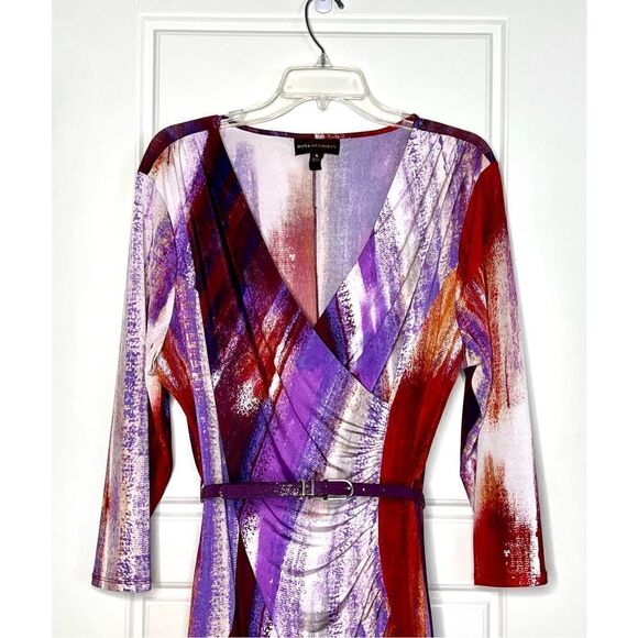 Dana Buchman Purple Surplice Ruched Belted Abstract Dress Sz XLARGE - Picture 2 of 6